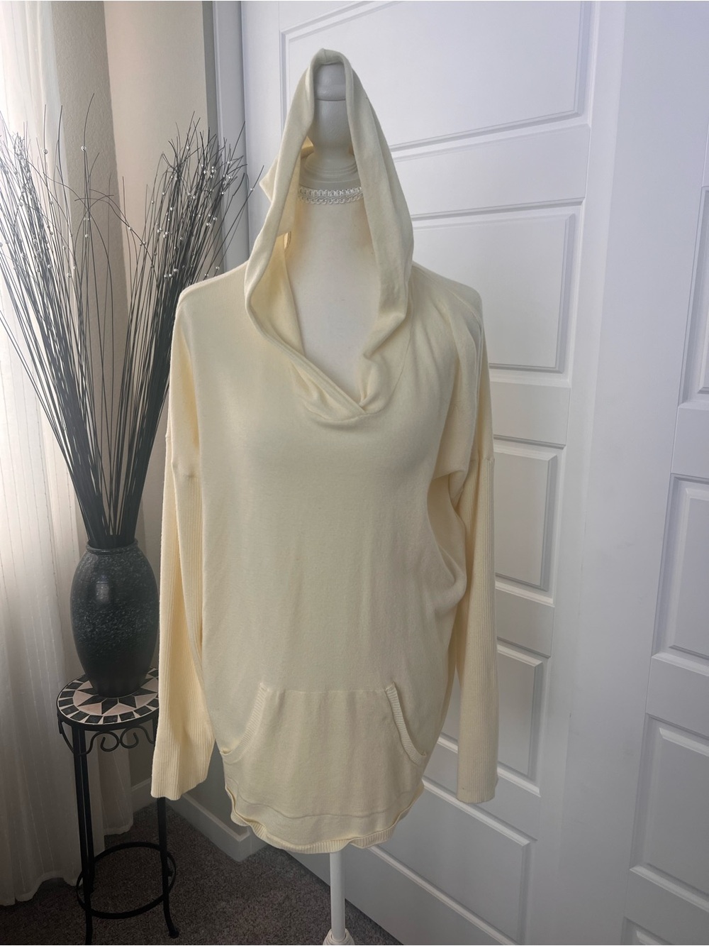 Joan Vass Soft Yellow Hooded Cowl Neck Sweater